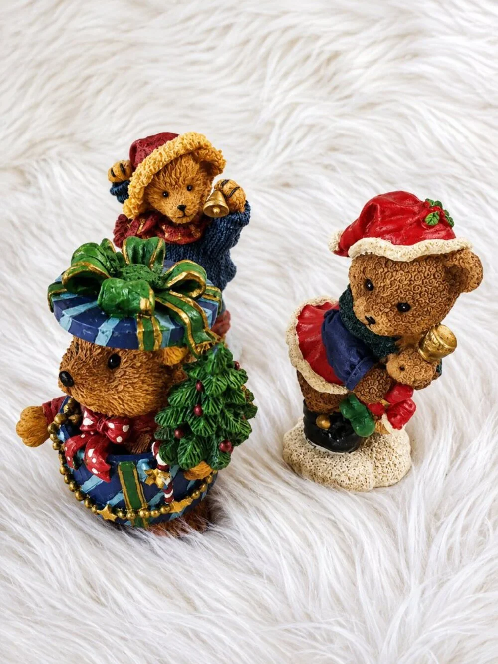 Lot of 3 Christmas Miniature Teddy Bear Textured Figurines Decor